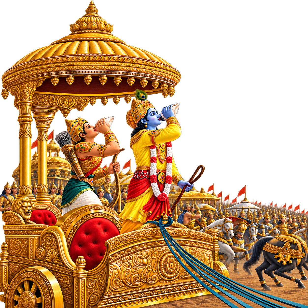 Shree Krishna and Arjuna sounding their conches on the battlefield of Kurukshetra
