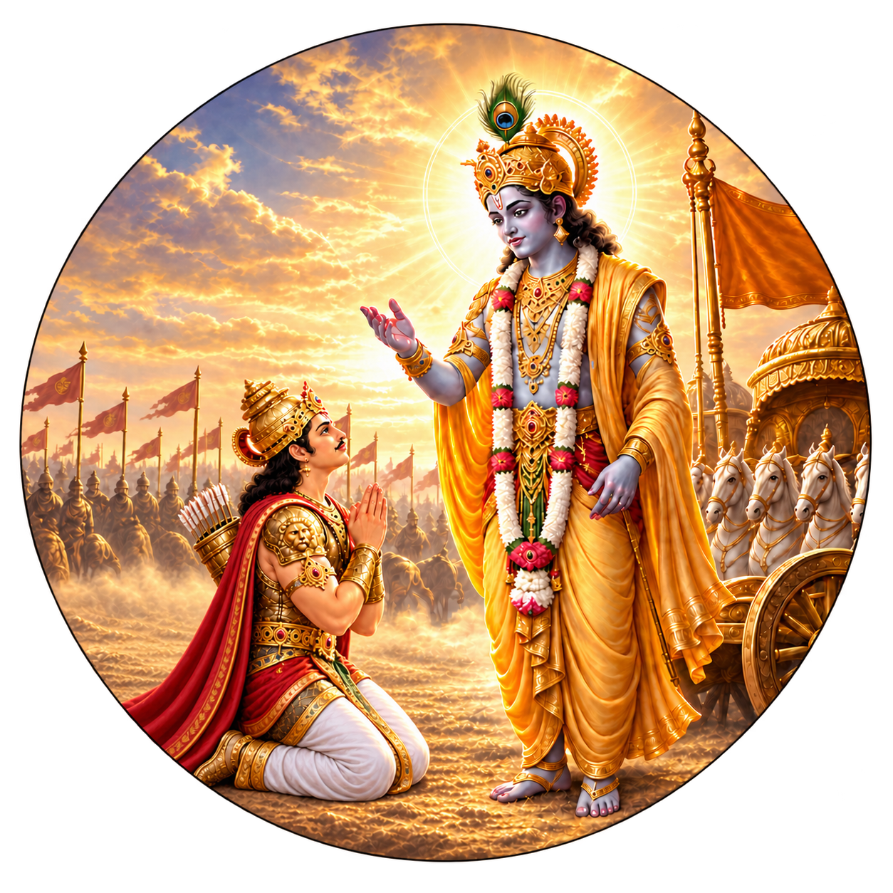 Shree Krishna teaching Arjuna on the battlefield