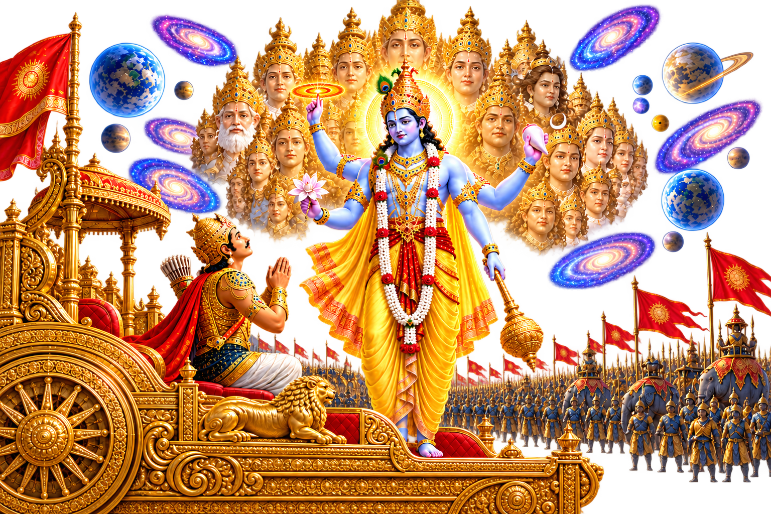 Shree Krishna revealing a divine cosmic form before Arjuna